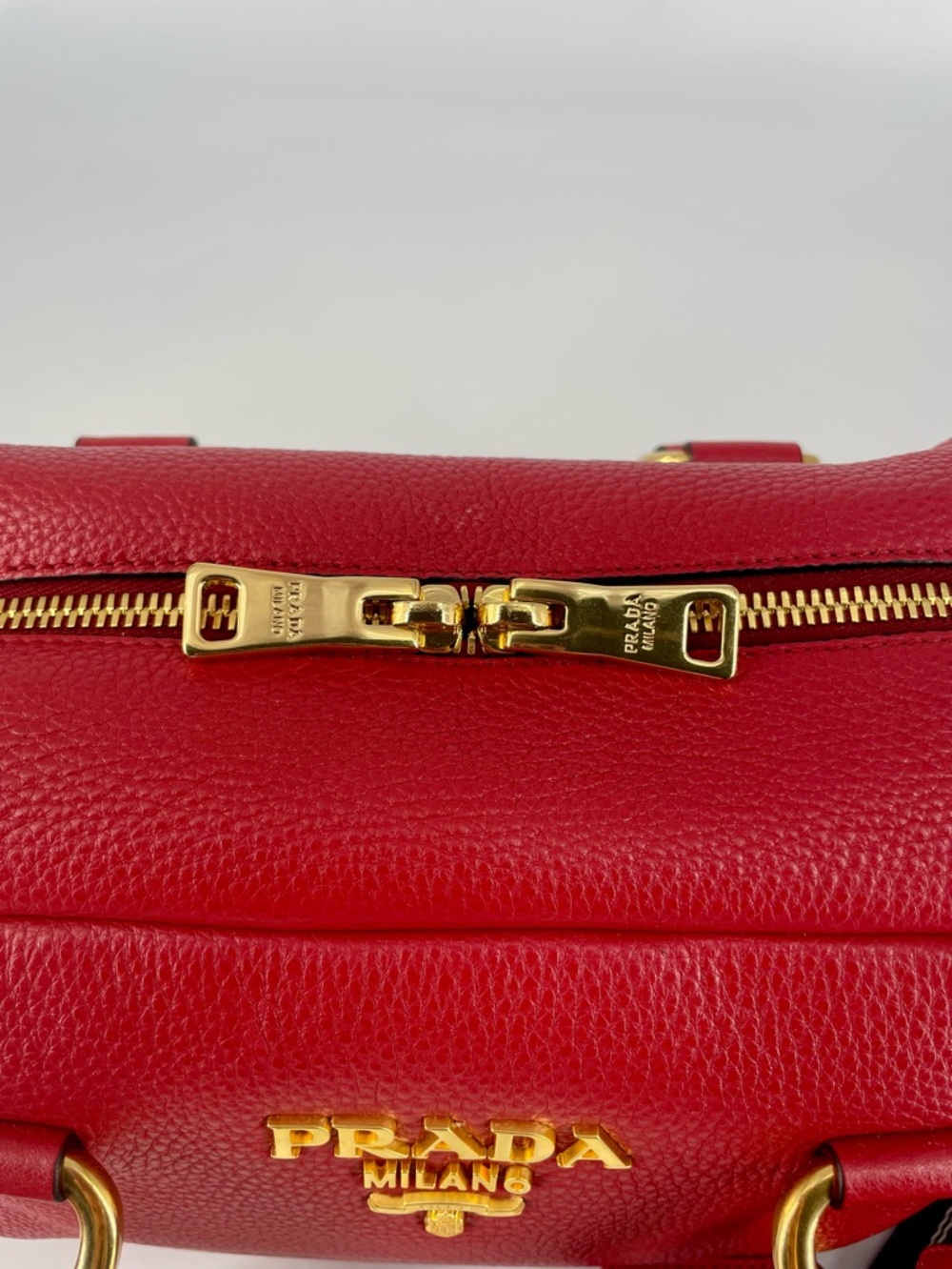 Prada Vitello Phenix Rosso Red Pebbled Leather Satchel with Guitar Striped Strap - Picture 5 of 11
